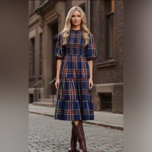 Sugarlips Medium Plaid Midi Tiered Dress in Navy and Red